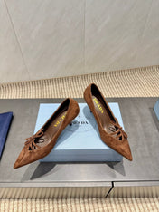 PRADA 26S POINTED TOE HEELS 75MM IN DARK BROWN SUEDE WITH BOW