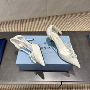 PRADA 26S POINTED TOE CUT OUT HIGH HEELS 75MM IN WHITE CALFSKIN WITH BOW