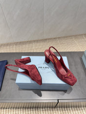 PRADA 26S LOW HEEL SQUARE TOE SLINGBACK SHOES 85MM IN DARK RED SUEDE WITH LOGO