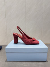 PRADA 26S LOW HEEL SQUARE TOE SLINGBACK SHOES 85MM IN DARK RED SUEDE WITH LOGO