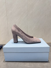 PRADA 26S SQUARE TOE HIGH HEELS 85MM IN TAUPE BROWN SUEDE