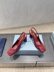 PRADA 26S LOW HEEL SQUARE TOE SLINGBACK SHOES 85MM IN DARK RED SUEDE