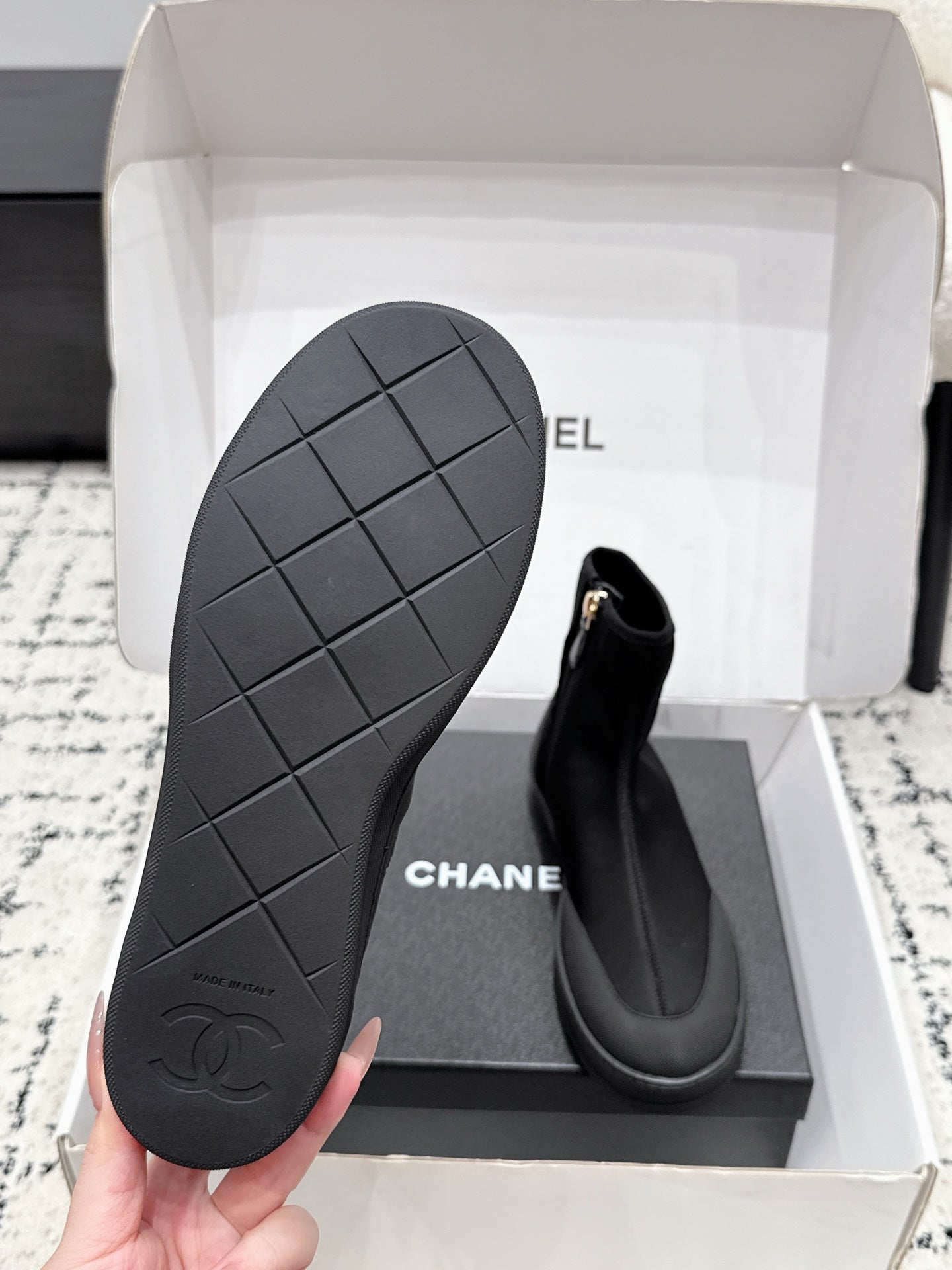 CHANEL 26S ZIPPER BOOTS IN BLACK FABRIC AND LAMBSKIN
