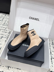 CHANEL 26S ZIPPER BOOTS IN BEIGE MIX BLACK FABRIC AND LAMBSKIN