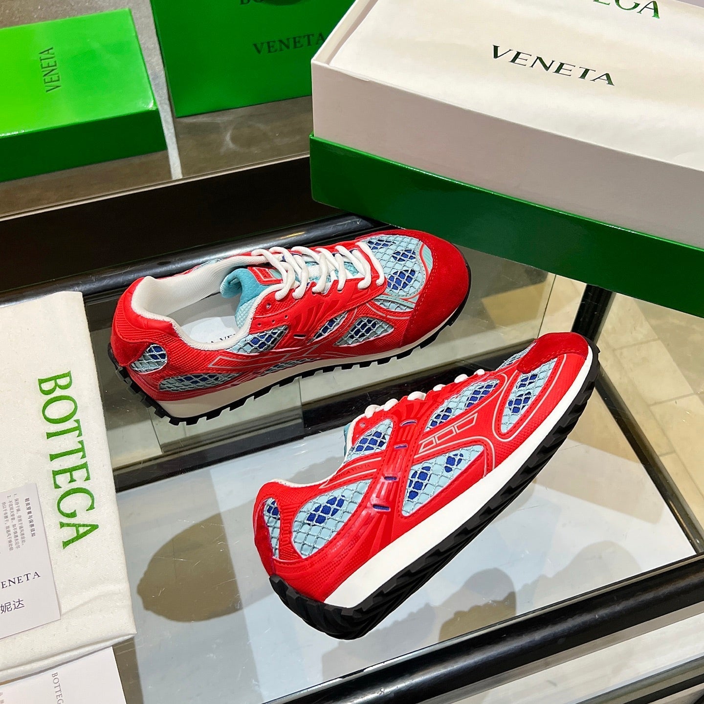 BOTTEGA VENETA 26S ORBIT SNEAKERS IN RED TECHNICAL MESH AND SUEDE
