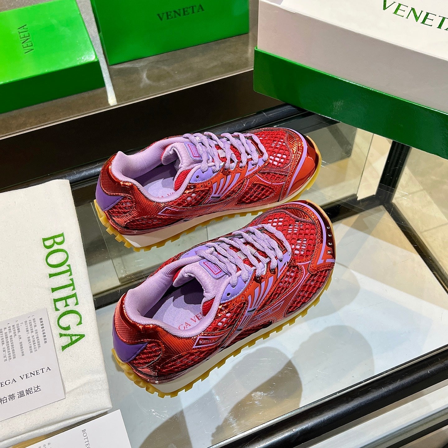BOTTEGA VENETA 26S ORBIT SNEAKERS IN RED AND PURPLE TECHNICAL MESH