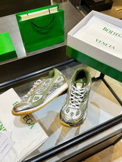 BOTTEGA VENETA 26S ORBIT SNEAKERS IN SILVER AND MOSS GREEN TECHNICAL MESH