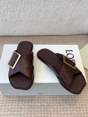 PETAL BELT FLAT SANDAL IN RUSSET BROWN CALFSKIN