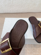 PETAL BELT FLAT SANDAL IN RUSSET BROWN CALFSKIN