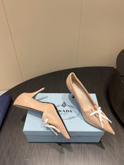 PRADA 25S POINTED TOE HIGH HEELS 85MM IN BEIGE LAMBSKIN WITH TIE UP DESIGN