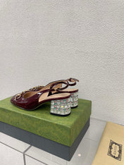 GG WOMEN'S HORSEBIT SLINGBACK IN WINE RED CALFSKIN WITH RHINSTONES