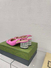 GG WOMEN'S HORSEBIT SLINGBACK IN FUSCIA PINK CALFSKIN WITH RHINSTONES