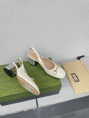 GG WOMEN'S HORSEBIT SLINGBACK IN WHITE CALFSKIN WITH RHINSTONES