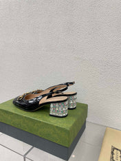 GG WOMEN'S HORSEBIT SLINGBACK IN BLACK CALFSKIN WITH RHINSTONES