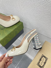 GG WOMEN'S HORSEBIT SLINGBACK 95MM IN WHITE CALFSKIN WITH RHINSTONES
