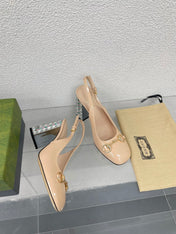 GG WOMEN'S HORSEBIT SLINGBACK 95MM IN TAN BEIGE CALFSKIN WITH RHINSTONES