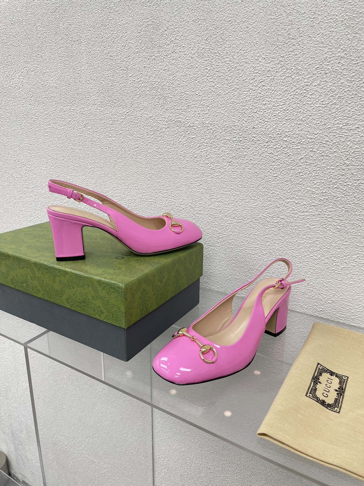 GG WOMEN'S HORSEBIT SLINGBACK 75MM IN FUSICA PINK CALFSKIN