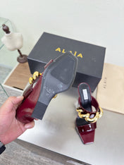ALAIA 26S DOUBLE STRAP WEDGE SANDALS 110 MM IN DARK RED GLOSSY CALFSKIN WITH GOLD HARDWARE