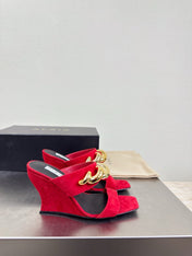 ALAIA 26S DOUBLE STRAP WEDGE SANDALS 110 MM IN RED SUEDE WITH GOLD HARDWARE
