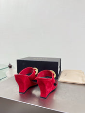 ALAIA 26S DOUBLE STRAP WEDGE SANDALS 110 MM IN RED SUEDE WITH GOLD HARDWARE