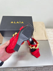 ALAIA 26S DOUBLE STRAP WEDGE SANDALS 110 MM IN RED SUEDE WITH GOLD HARDWARE
