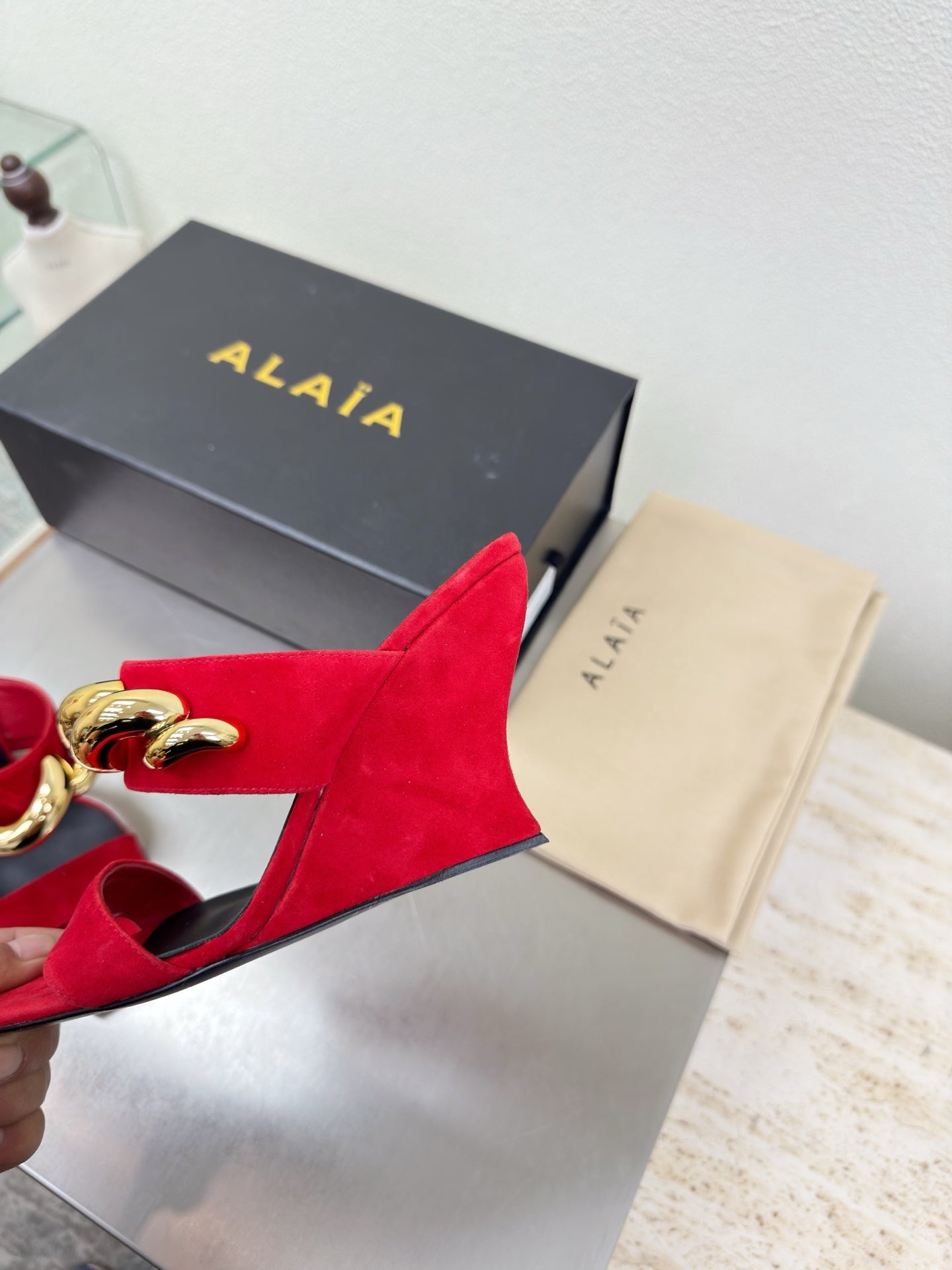 ALAIA 26S DOUBLE STRAP WEDGE SANDALS 110 MM IN RED SUEDE WITH GOLD HARDWARE