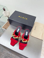 ALAIA 26S DOUBLE STRAP WEDGE SANDALS 110 MM IN RED SUEDE WITH GOLD HARDWARE