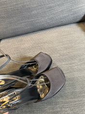 LA SCANDALE PLATFORM SANDALS IN TAUPE BROWN SATIN