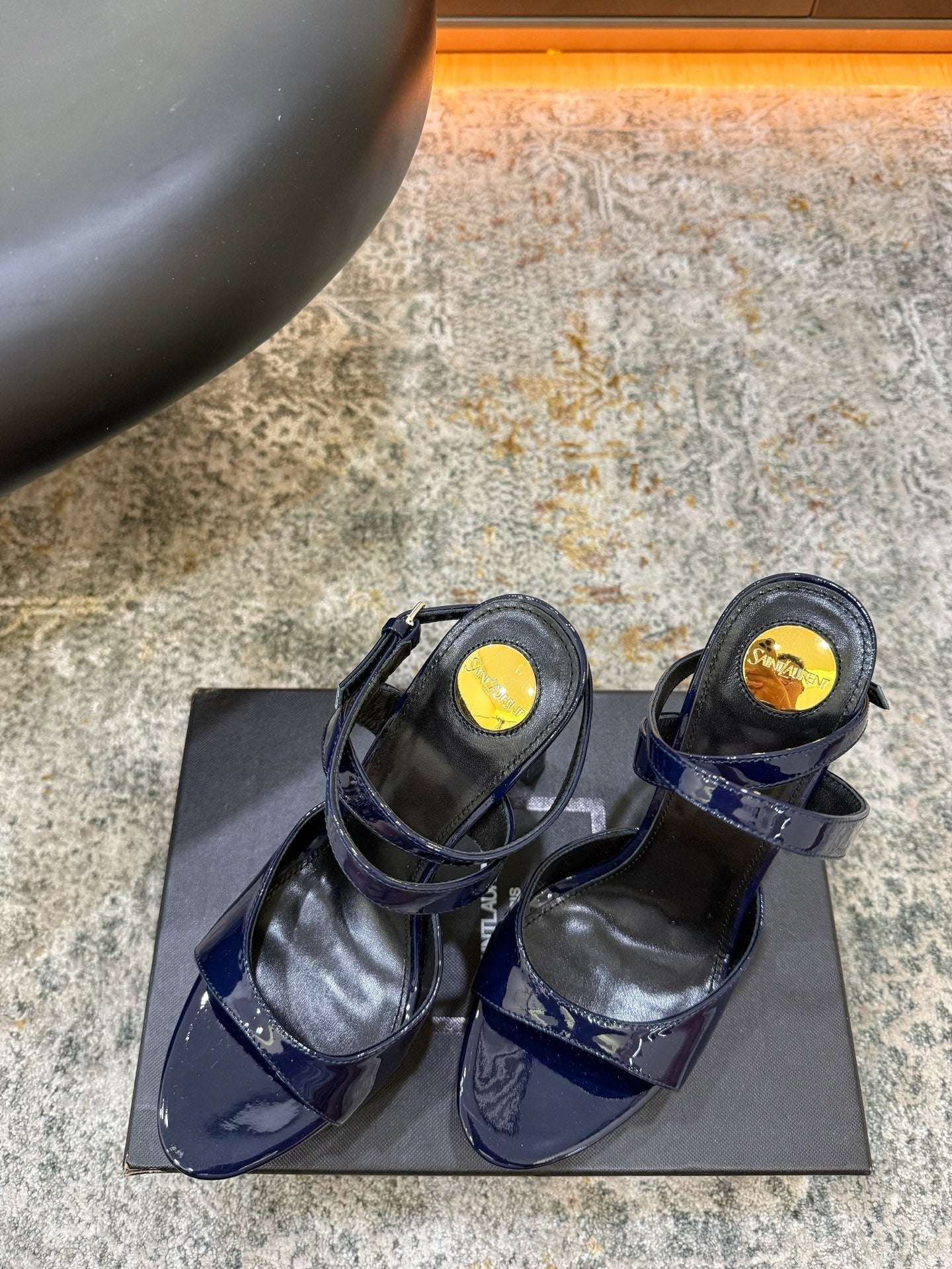 YSL 26S HIGH-HEEL SANDALS 130 MM IN NAVY BLUE GLOSSY CALFSKIN