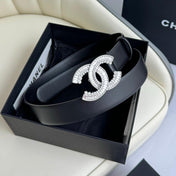 CC BELT 30MM IN BLACK SMOOTH CALFSKIN SILVER HARDWARE ATTACH RHINSTONE