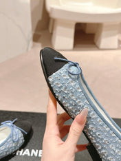 BALLET FLATS IN LIGHT BLUE DENIM AND BLACK SATIN