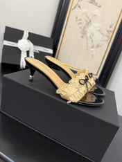 SAND YELLOW GROSGRAIN CANVAS BOW MULE SANDALS 65 MM