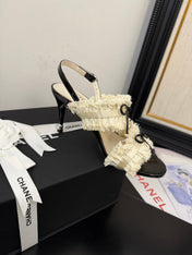 WHITE GROSGRAIN CANVAS BOW SLINGBACK SANDALS