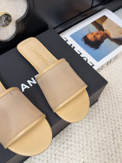 FLAT SLIDE IN FLAX YELLOW MESH AND SUEDE