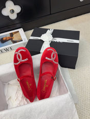 MARY JANE SHOES IN CHERRY RED VELVET WITH CRYSTALS LOGO