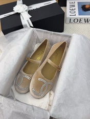 MARY JANE SHOES IN SAND BROWN VELVET WITH CRYSTALS LOGO