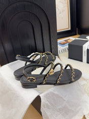 THREE-STRAPS SANDALS IN BLACK CALFSKIN WITH GOLD HARDWARE