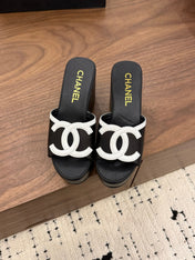 CHANEL 26S WEDGE SANDALS 95 MM IN BLACK CALFSKIN