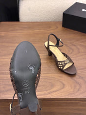 CHANEL 26S HIGH-HEELED BACK-STRAP SANDALS 60 MM IN DARK BROWN WOVEN LAMBSKIN