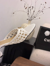 CHANEL 26S HIGH-HEELED BACK-STRAP SANDALS 60 MM IN WHITE WOVEN LAMBSKIN
