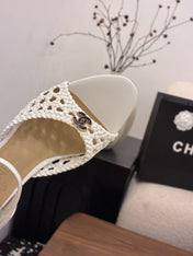 CHANEL 26S HIGH-HEELED BACK-STRAP SANDALS 60 MM IN WHITE WOVEN LAMBSKIN
