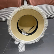 CHANEL 26S LACE & FLORAL TRIM STRAW HAT 337936