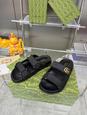 GG SANDALS IN BLACK FABRIC AND CALFSKIN WITH GOLD HARDWARE