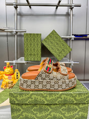 GG SANDALS 22 IN ORANGE CALFSKIN AND BEIGE FABRIC WITH GOLD HARDWARE