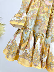 HIGH-NECK LONG-SLEEVE PRINTED DRESS IN PURPLE AND YELLOW