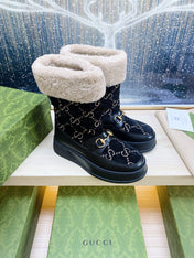 HORSEBIT ANKLE BOOTS WITH MERINO TRIM IN BLACK VELVET AND CALFSKIN