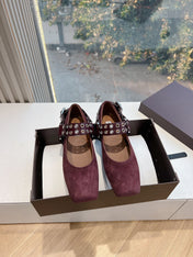 ALAIA 26S FLATS IN DARK RED SUEDE WITH SILVER STUD STRAP