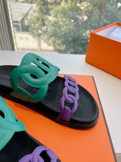 EXTRA SANDAL IN MEDIUM GREEN MIX VIOLET PURPLE CALFSKIN
