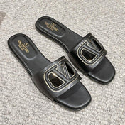 VLOGO CUT-OUT BLACK CALFSKIN SLIDE SANDAL