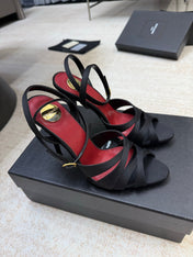 YSL 26S STRAPPY HEELED SANDALS 105 MM IN BLACK SATIN